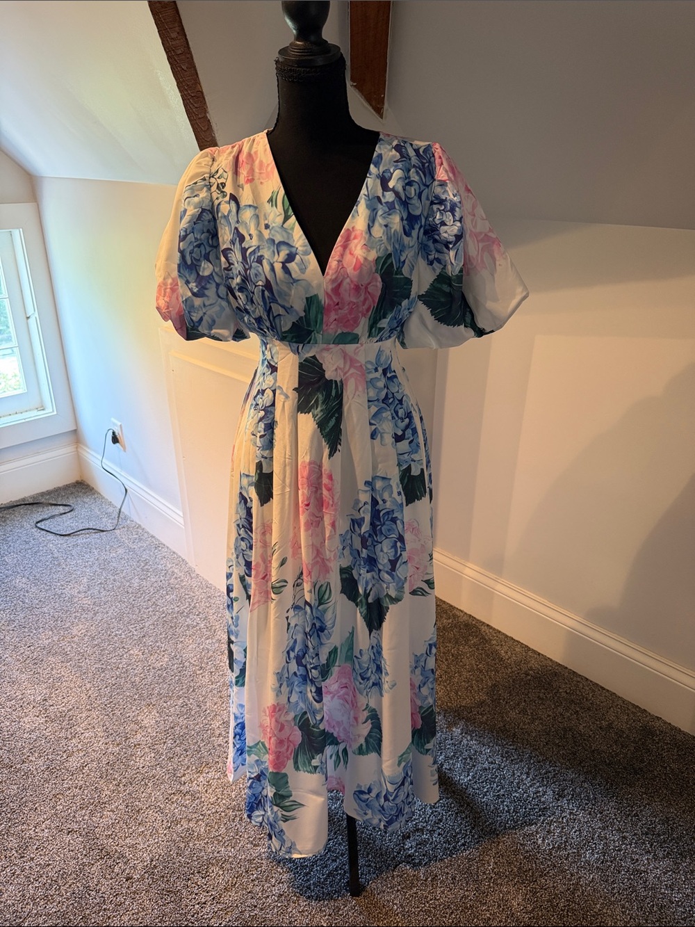 White Floral Midi Dress with Blue & Pink Blooms